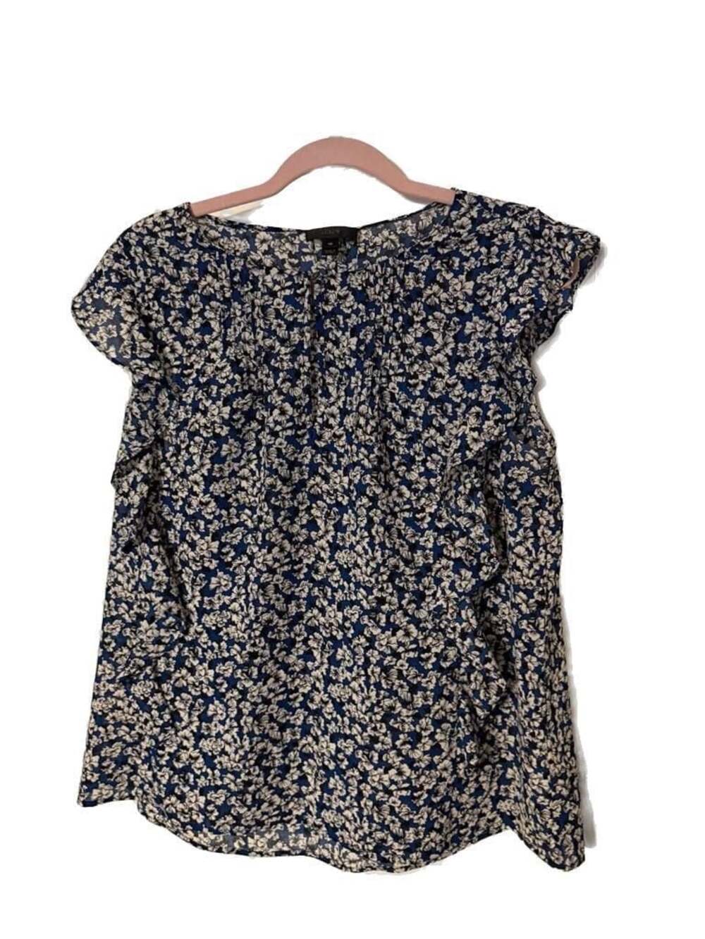 J.Crew Women's Blue and White Floral Cascade Ruffle Sleeveless Blouse